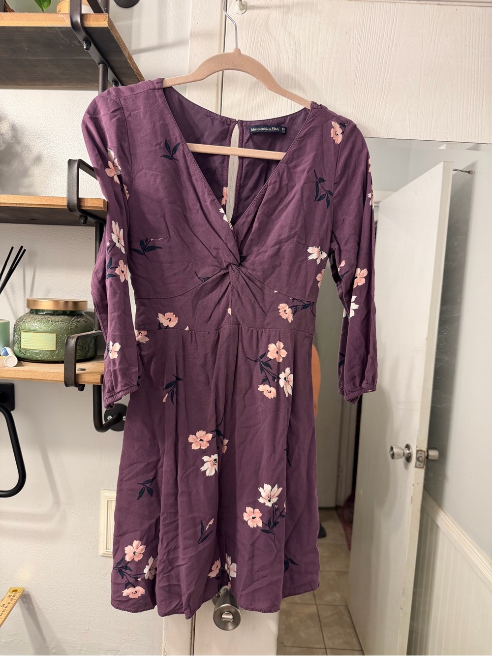 Abercrombie & Fitch Plum Floral Twist-Detail Long Sleeve Dress